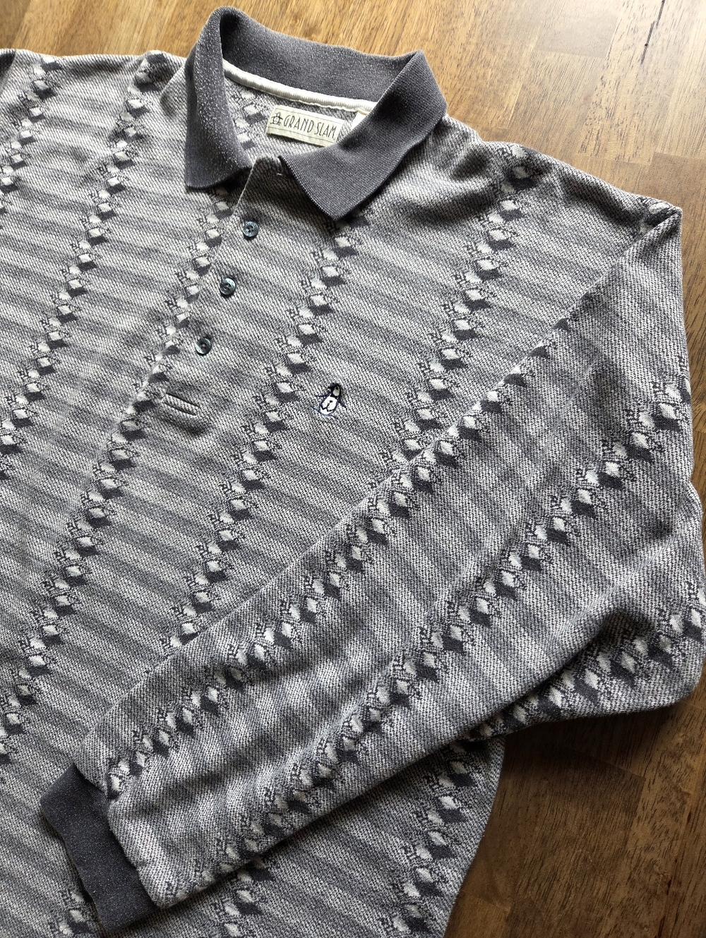 Vtg Penguin Grand Slam Long Sleeve Cotton Blend Polo with Subtle Argyle Pattern